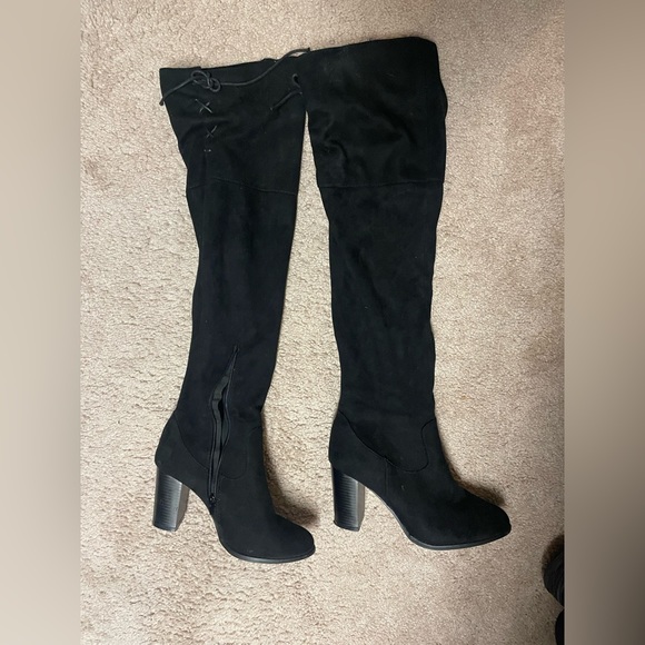 Qupid Shoes - Qupid Over the Knee Faux Suede Chunky Heel Boots